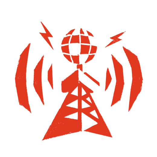 Logo Funkturm e.V.: Sendemast mit Globus und Funkwellen